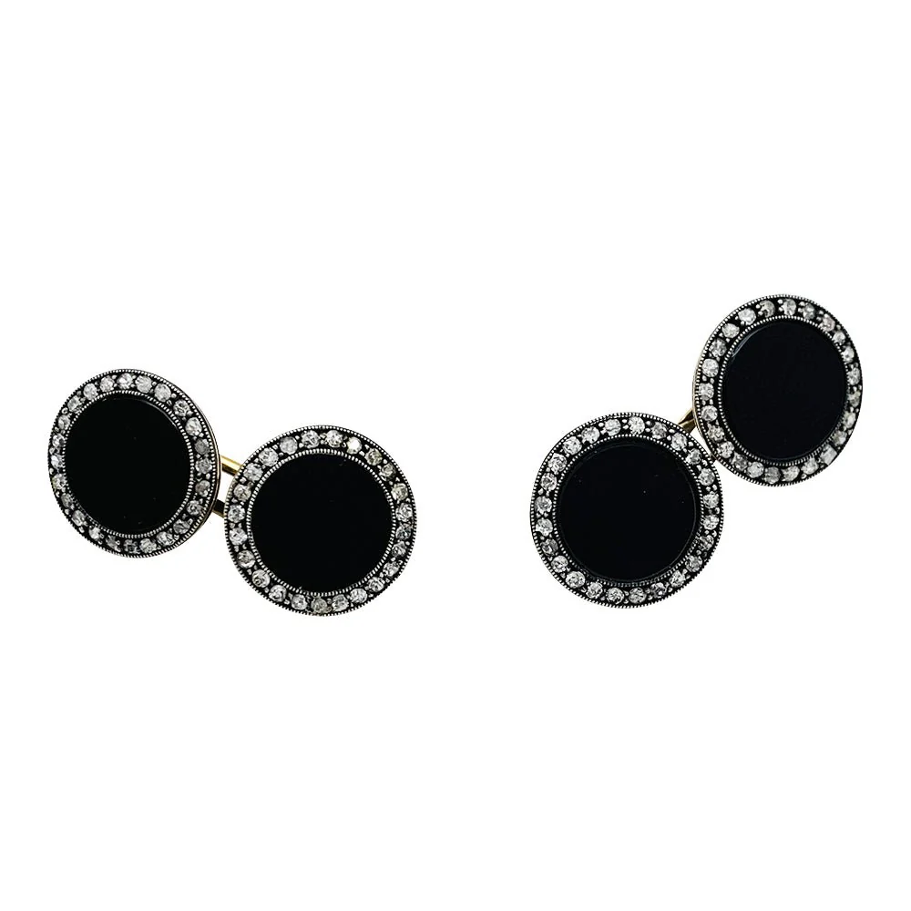 Boutons de manchette 1910 en or, argent, onyx et diamants