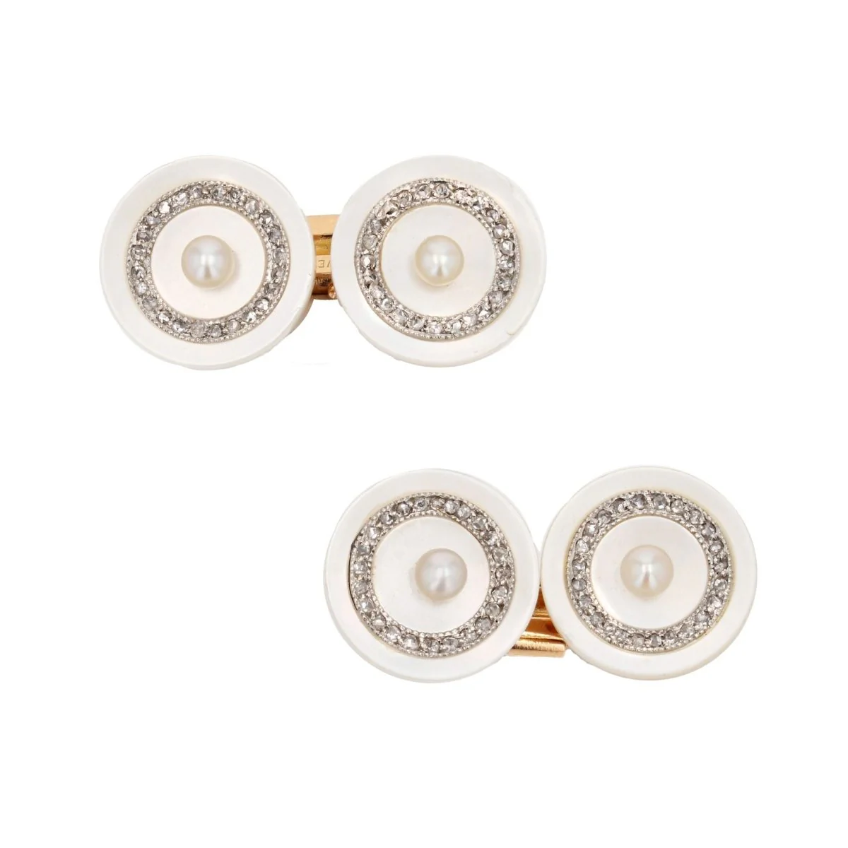 Boutons de manchettes LÉON DEVOS en or jaune, nacre, perle et diamants