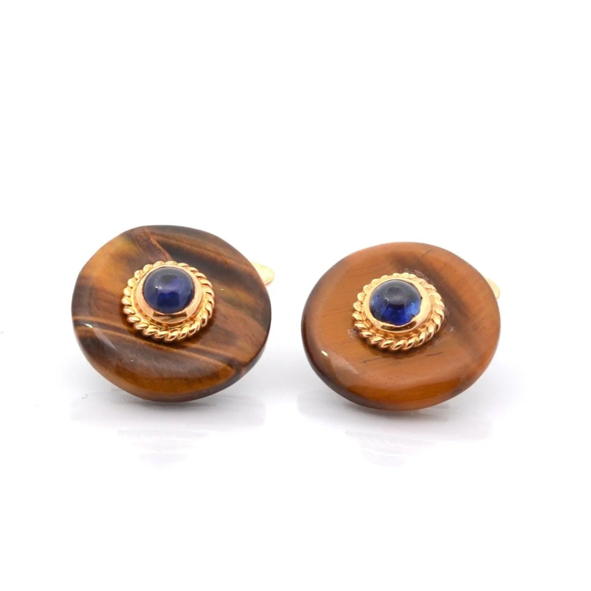 Boutons de Manchette en or jaune, oeil de tigre et saphirs