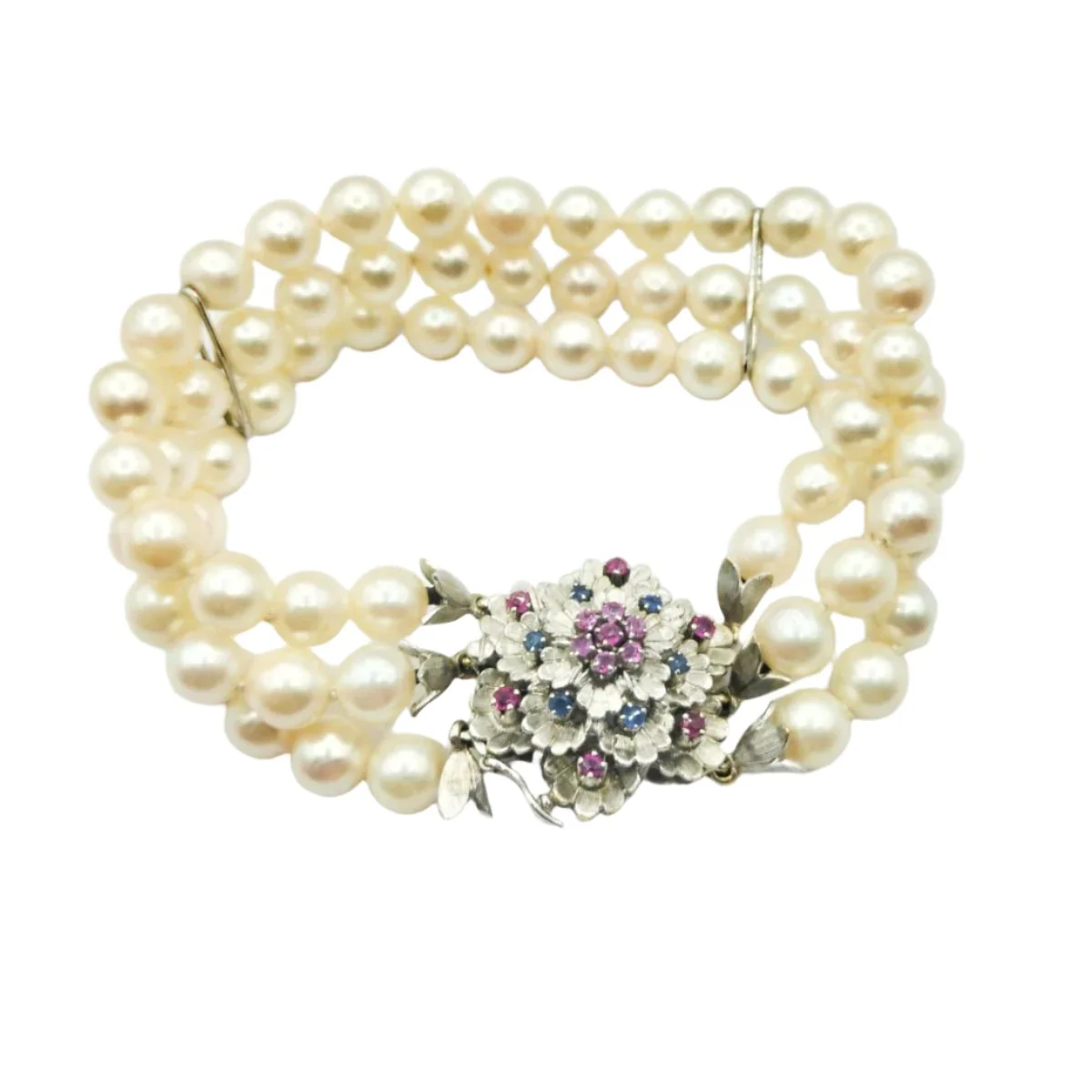 Bracelet 3 rangs de perles en or blanc, saphirs et rubis