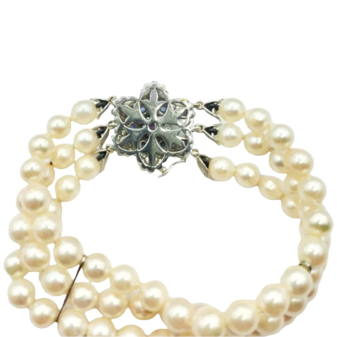 Bracelet 3 rangs de perles en or blanc, saphirs et rubis - Image 4