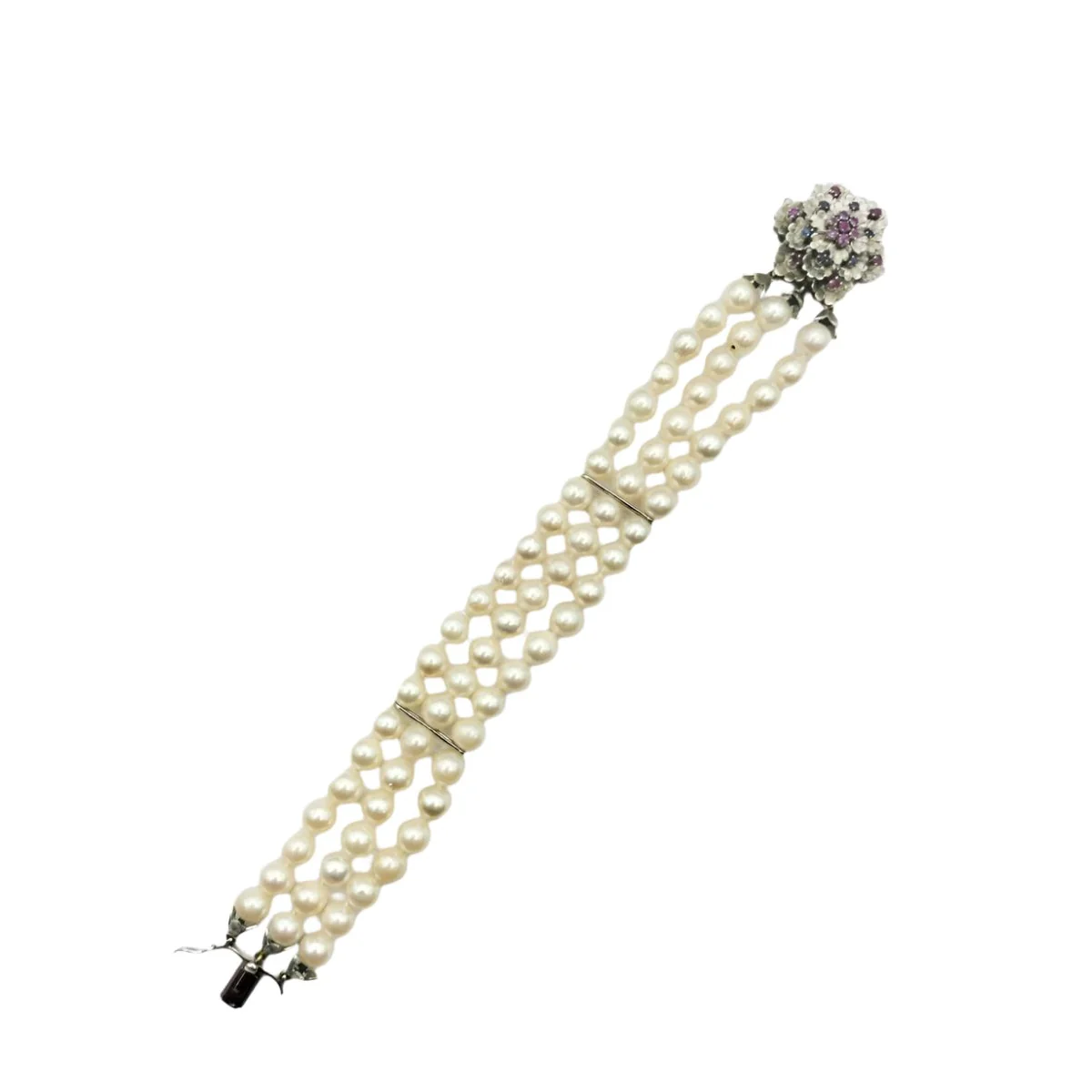 Bracelet 3 rangs de perles en or blanc, saphirs et rubis - Image 5