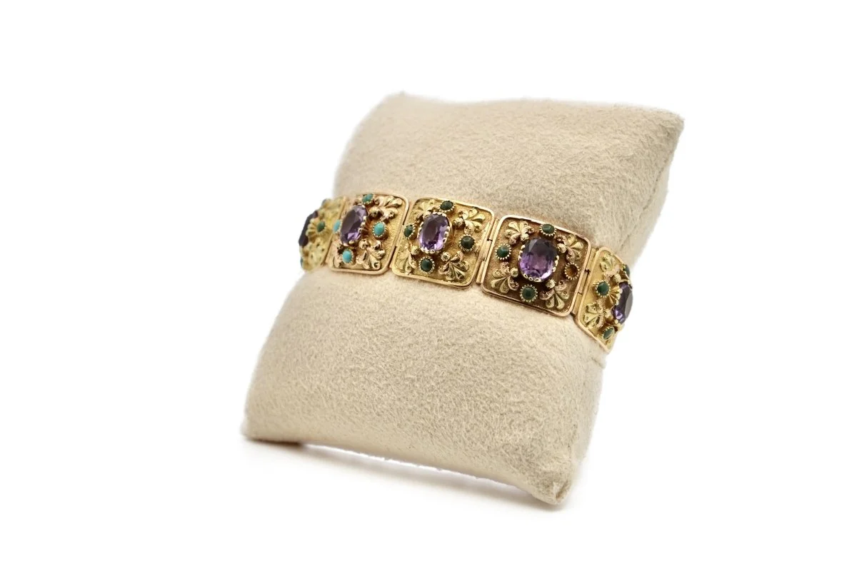 Bracelet ancien en or jaune et améthystes et turquoises - Image 3