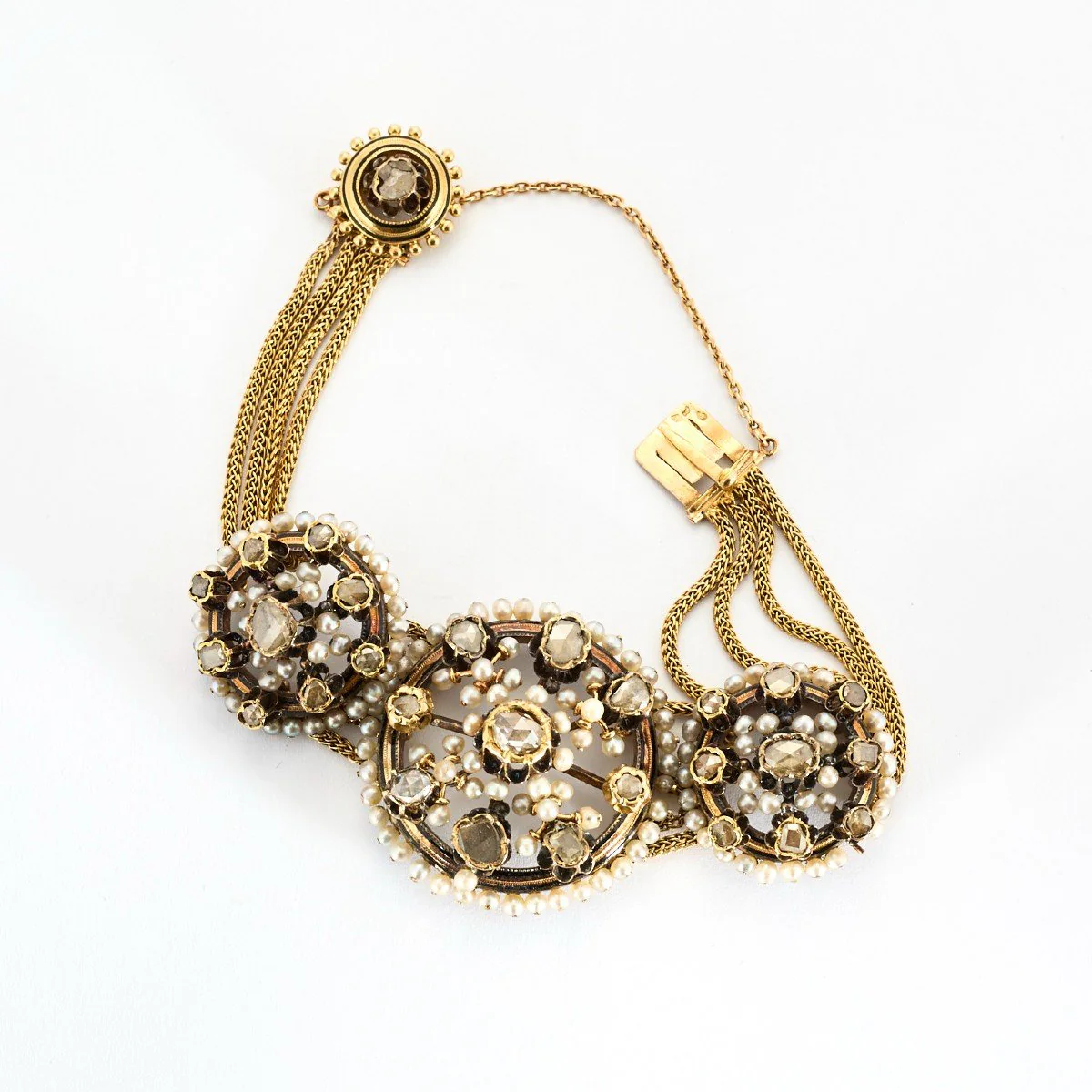 Bracelet Souple en or rose, argent, perles, et diamants - Image 3