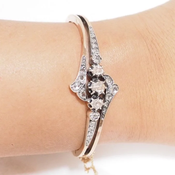 Bracelet Jonc en or rose, argent et diamants - Image 2
