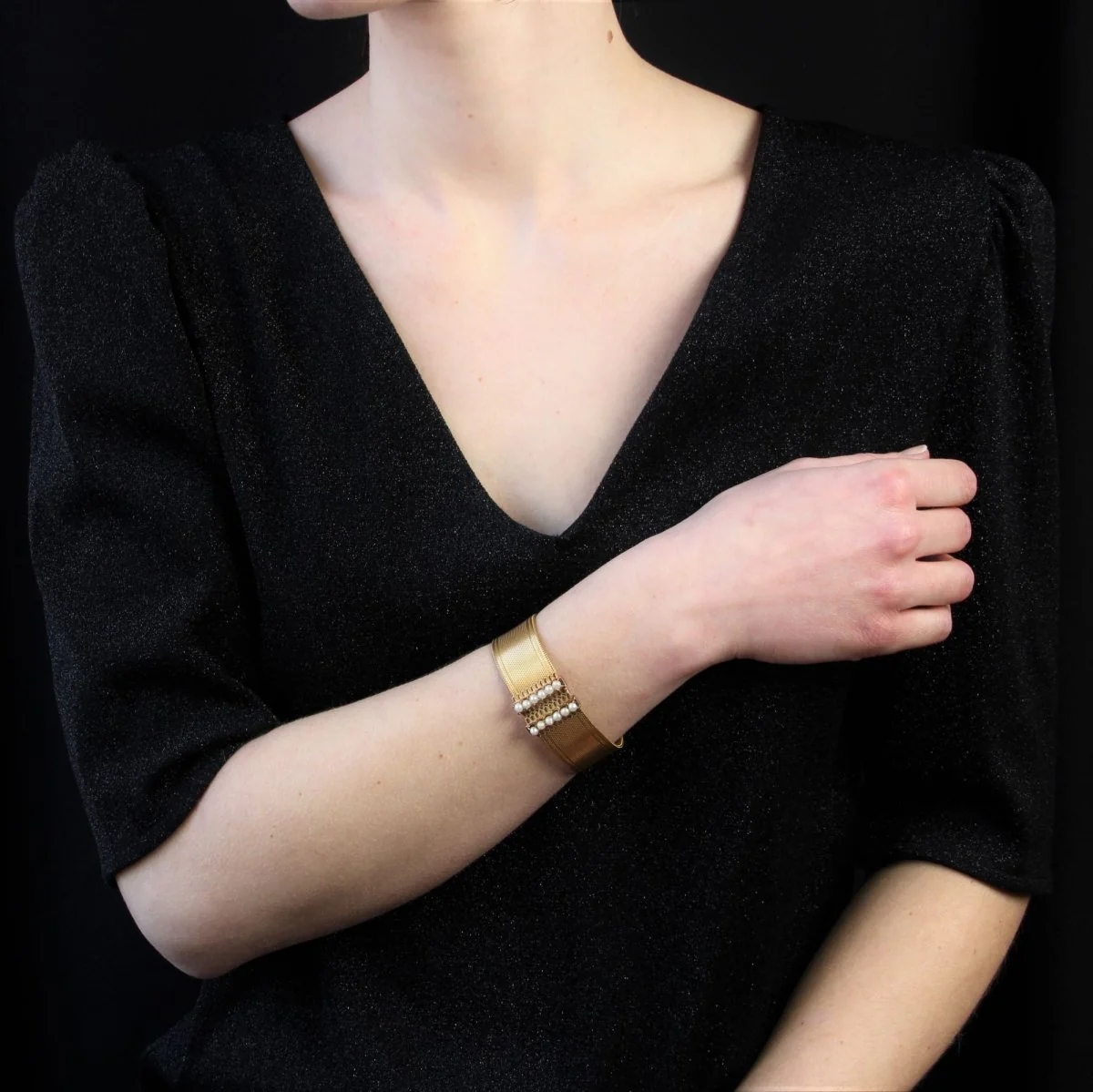 Bracelet Manchette en or jaune et perles - Image 2