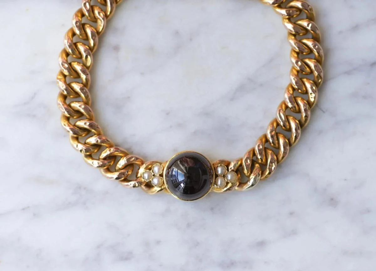 Bracelet Ancien Gourmette Or jaune et Grenat - Image 2