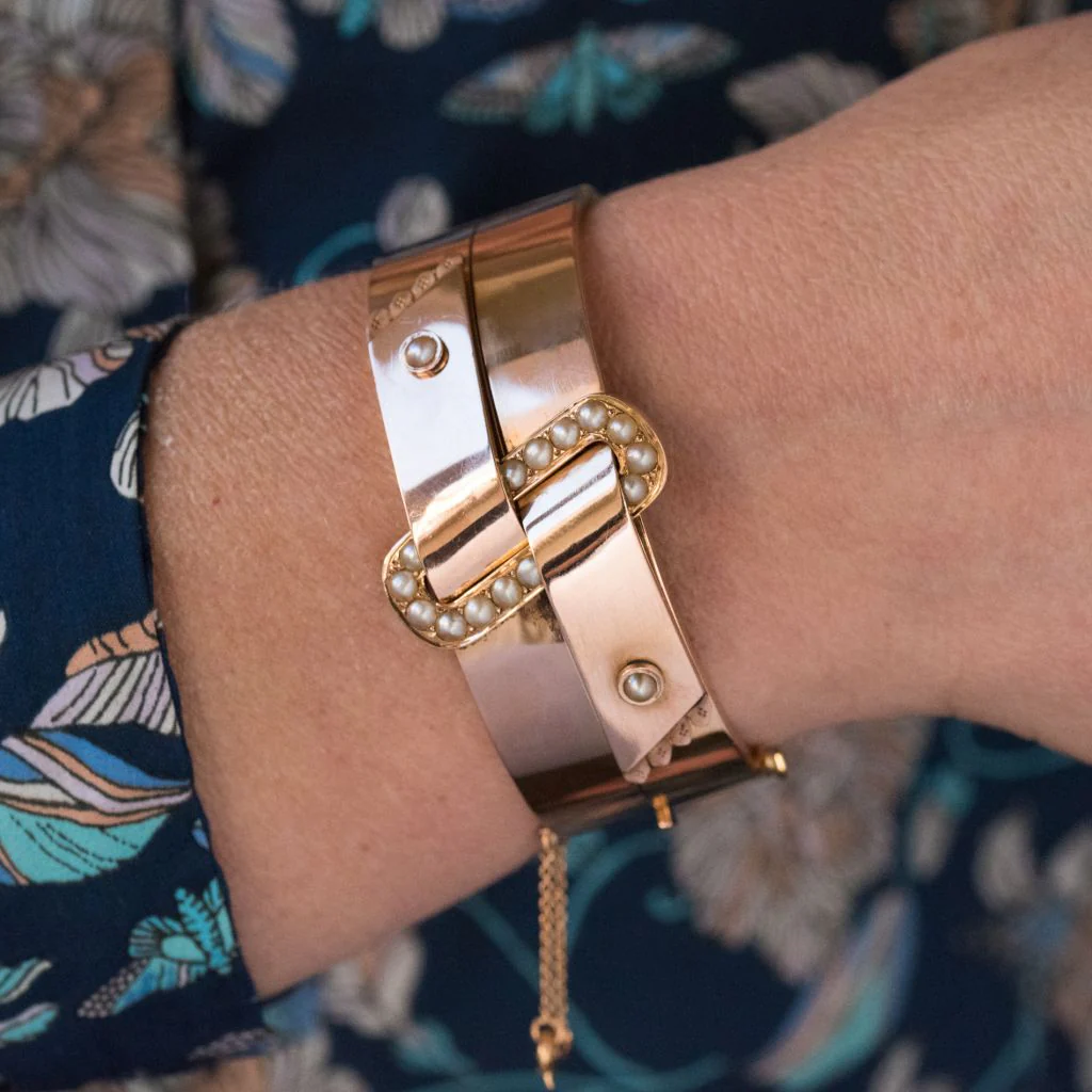 Bracelet Jonc en or rose et perles - Image 2