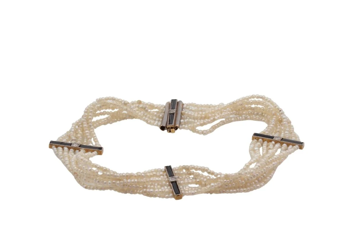 Bracelet ancien en or jaune avec perles fines, onyx et diamants