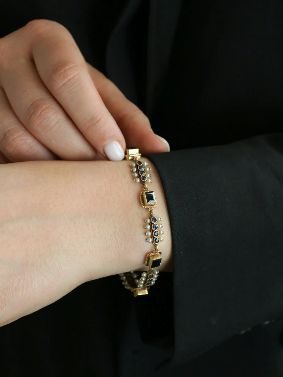 Bracelet ancien or jaune saphirs perles fines - Image 2