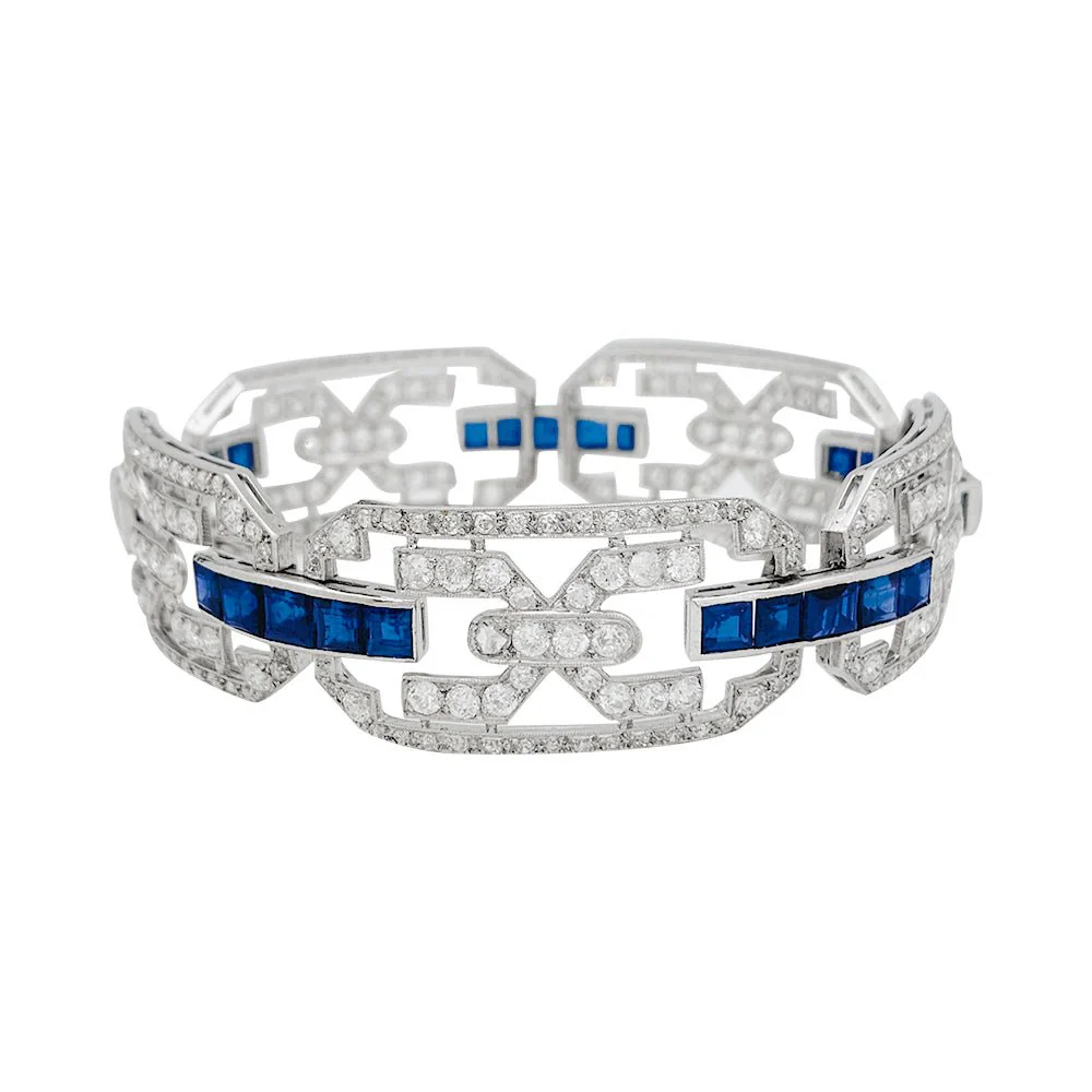Bracelet Art Déco en platine, diamants et saphirs