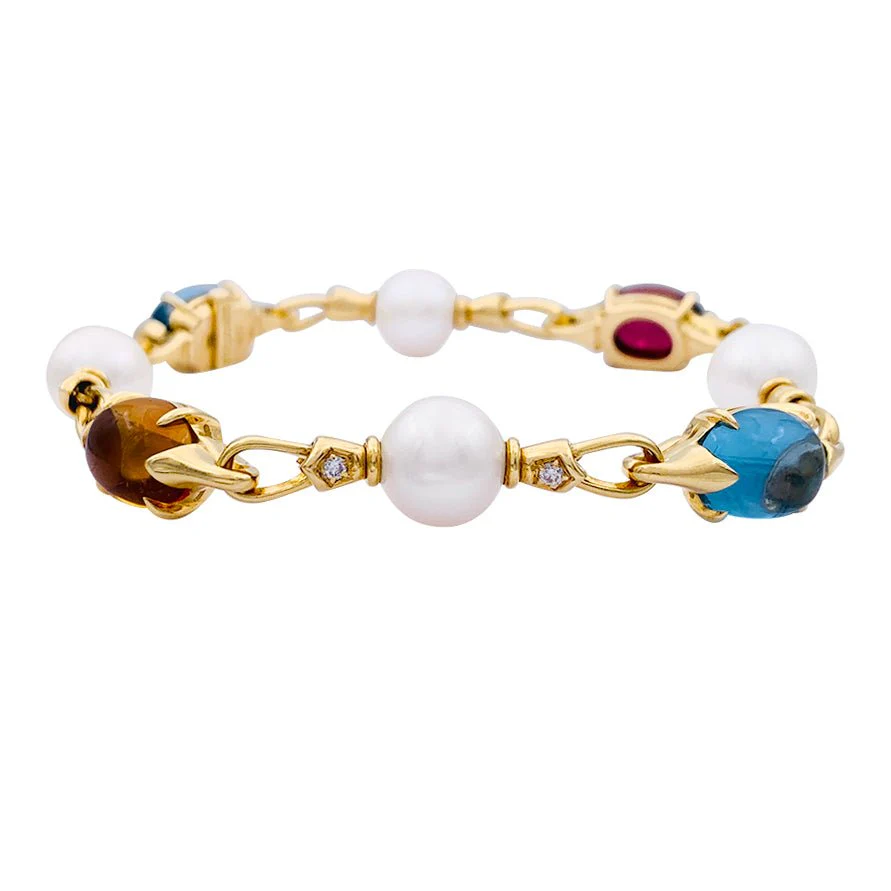 Bracelet Bulgari en or jaune, perles et pierres de couleur