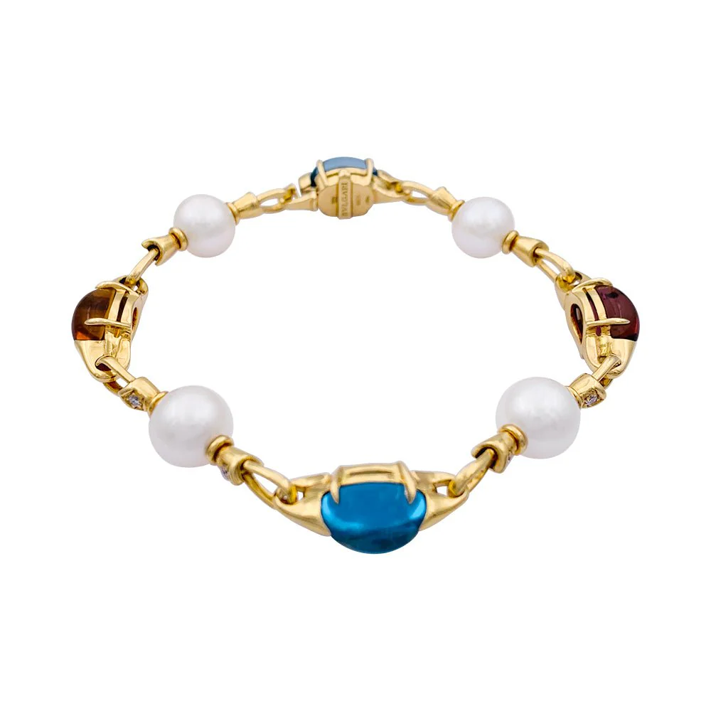 Bracelet Bulgari en or jaune, perles et pierres de couleur - Image 3
