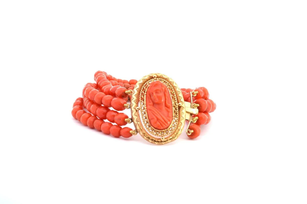 Bracelet corail rouge orangé en or - Image 2
