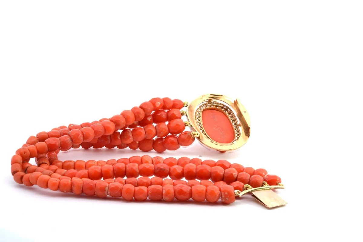 Bracelet corail rouge orangé en or - Image 3