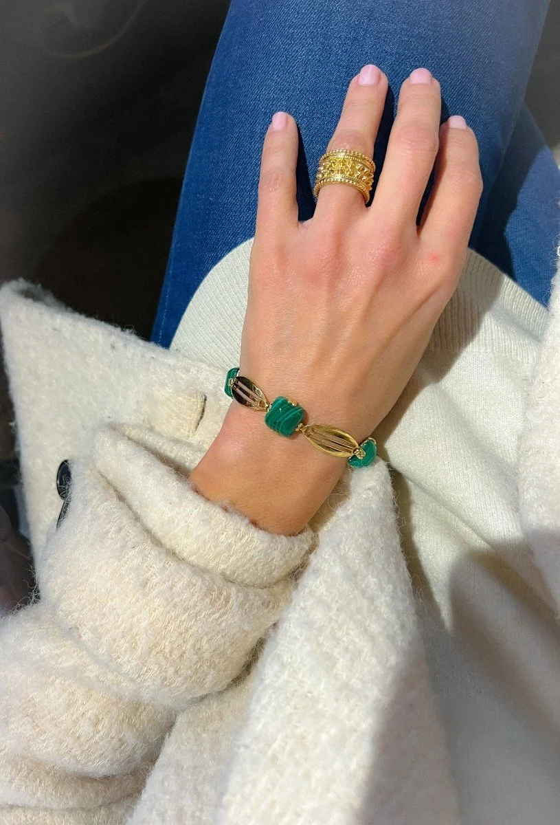 Bracelet en or jaune et malachite en pain de sucre - Image 8