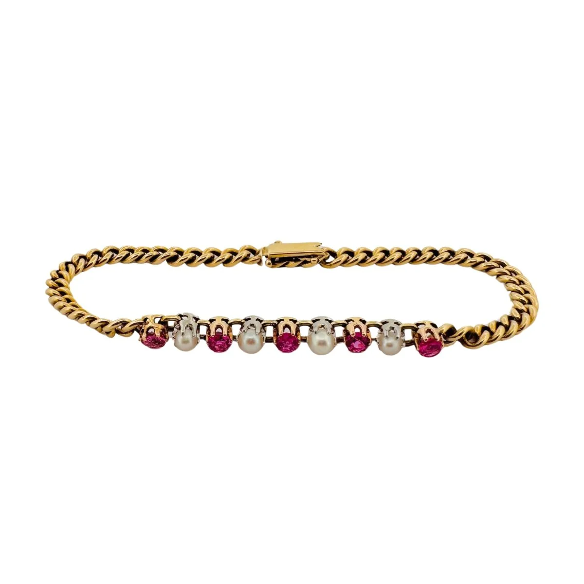 Bracelet Gourmette en or jaune, perles et pierres roses