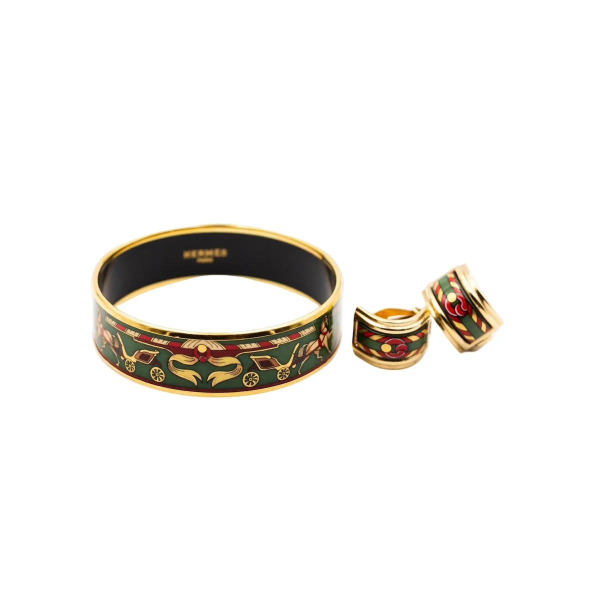 Bracelet Manchette et Boucles d'oreilles Clips HERMÈS en métal doré et émail