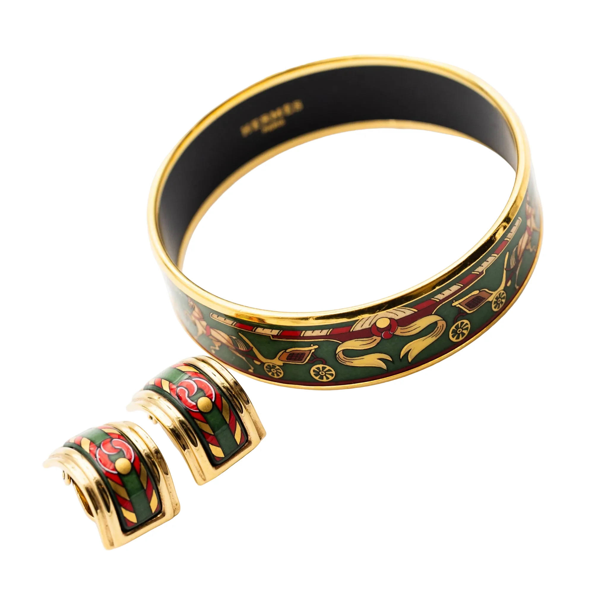 Bracelet Manchette et Boucles d'oreilles Clips HERMÈS en métal doré et émail - Image 2