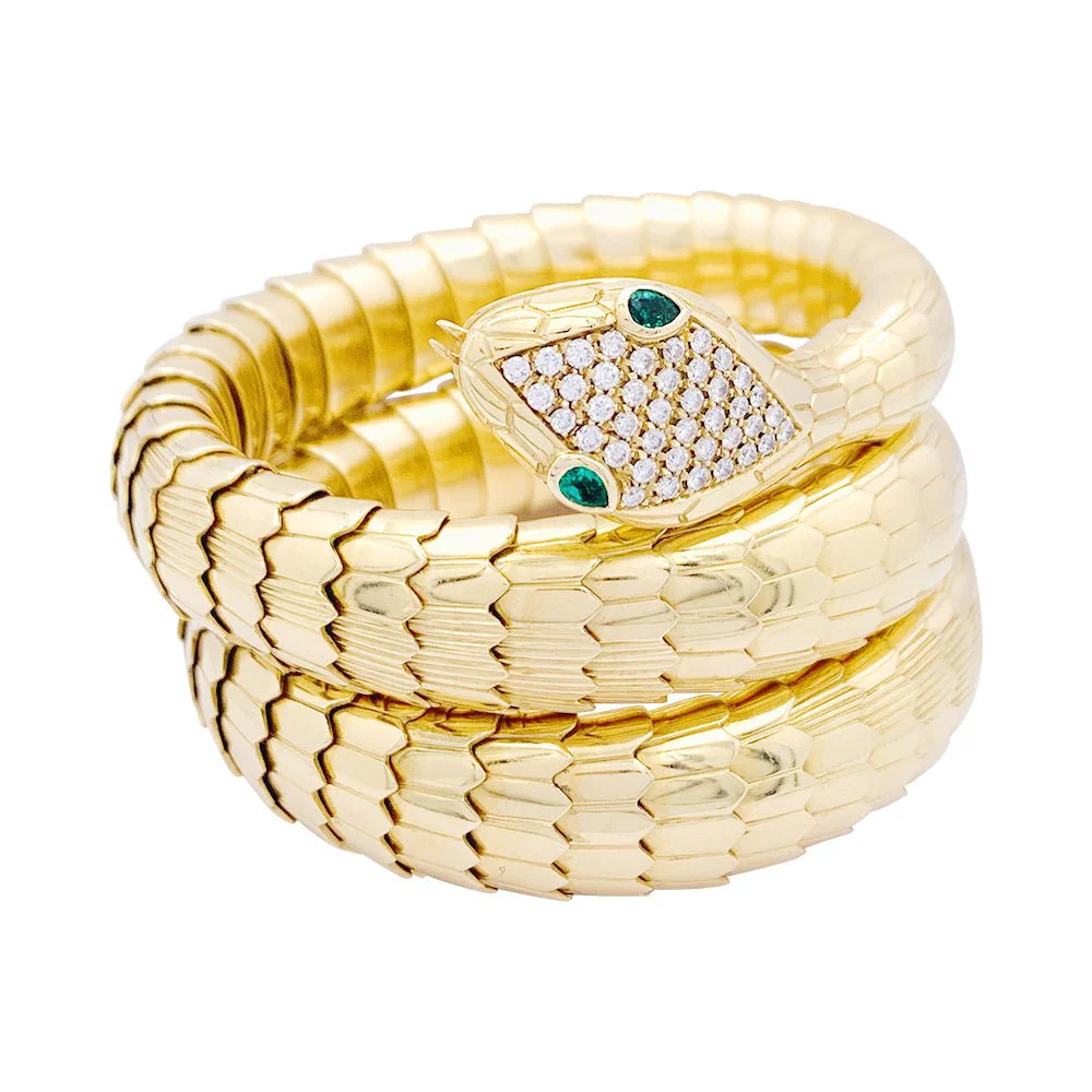 Bracelet ILLARIO, "Serpent",  en Or jaune, Diamant et Emeraude - Image 2