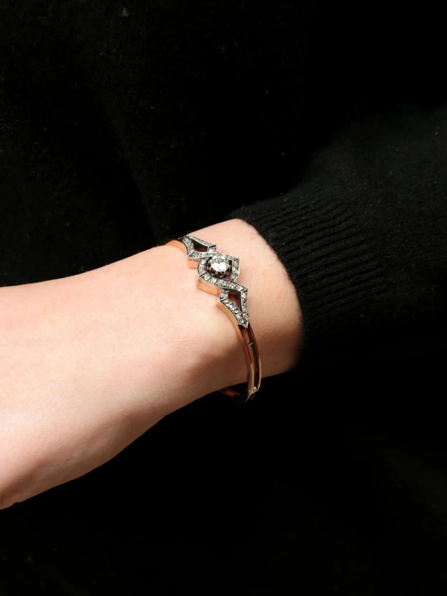 Bracelet jonc or rose diamants taille ancienne - Image 2