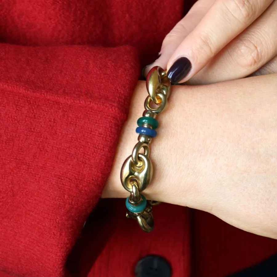 Bracelet Chaine maille grain de café or jaune agate - Image 2