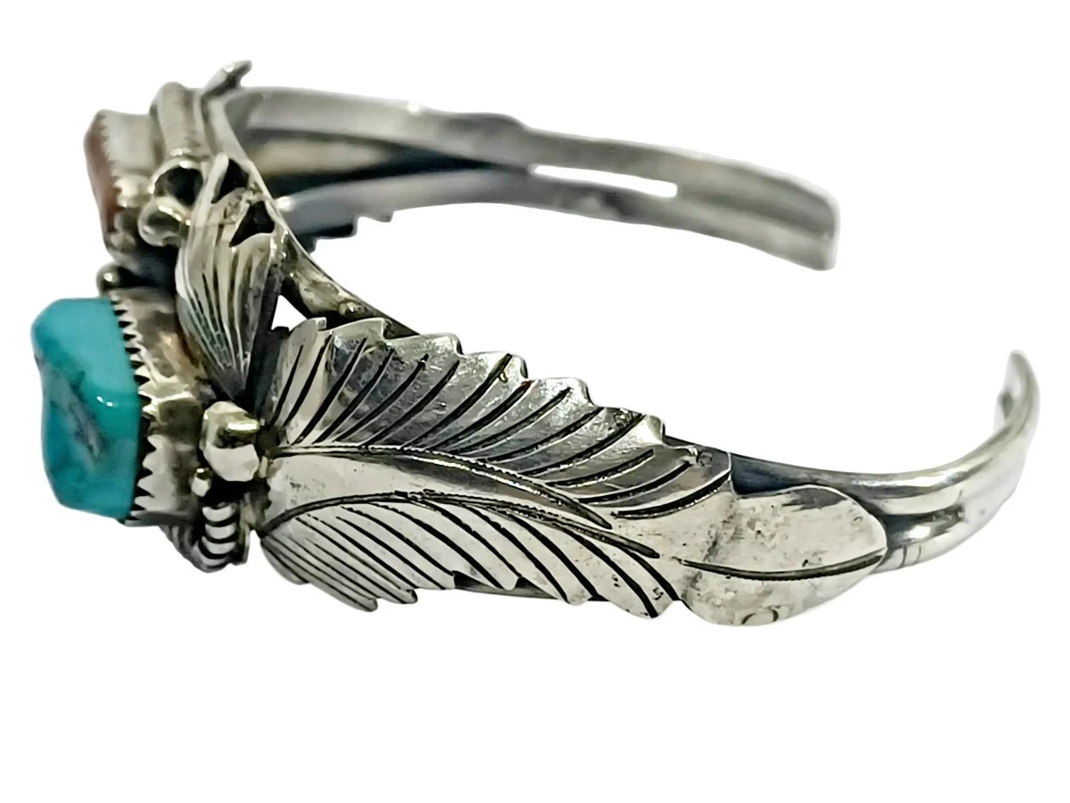 Bracelet Manchette en argent, turquoise et corail - Image 4