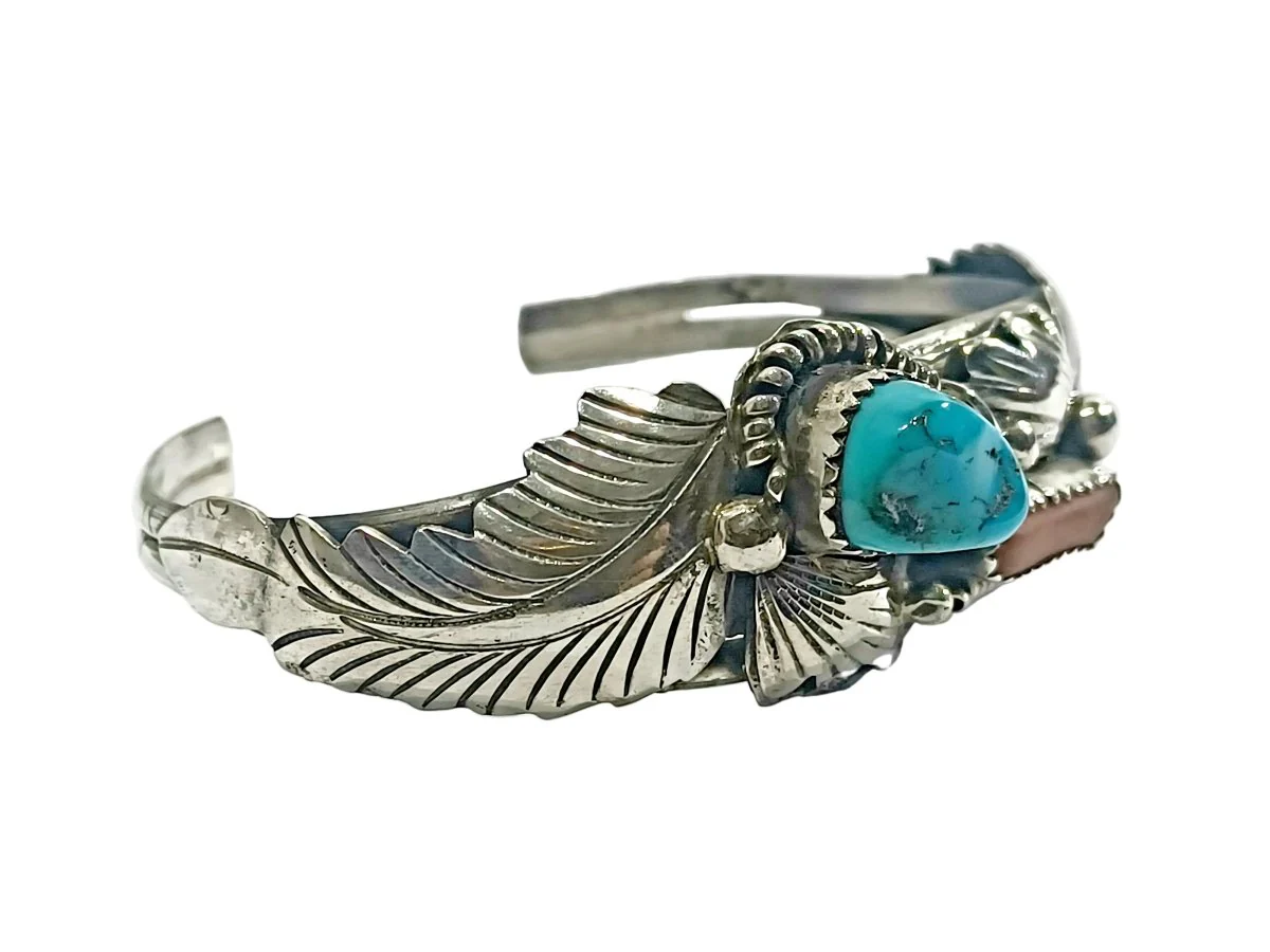 Bracelet Manchette en argent, turquoise et corail - Image 7