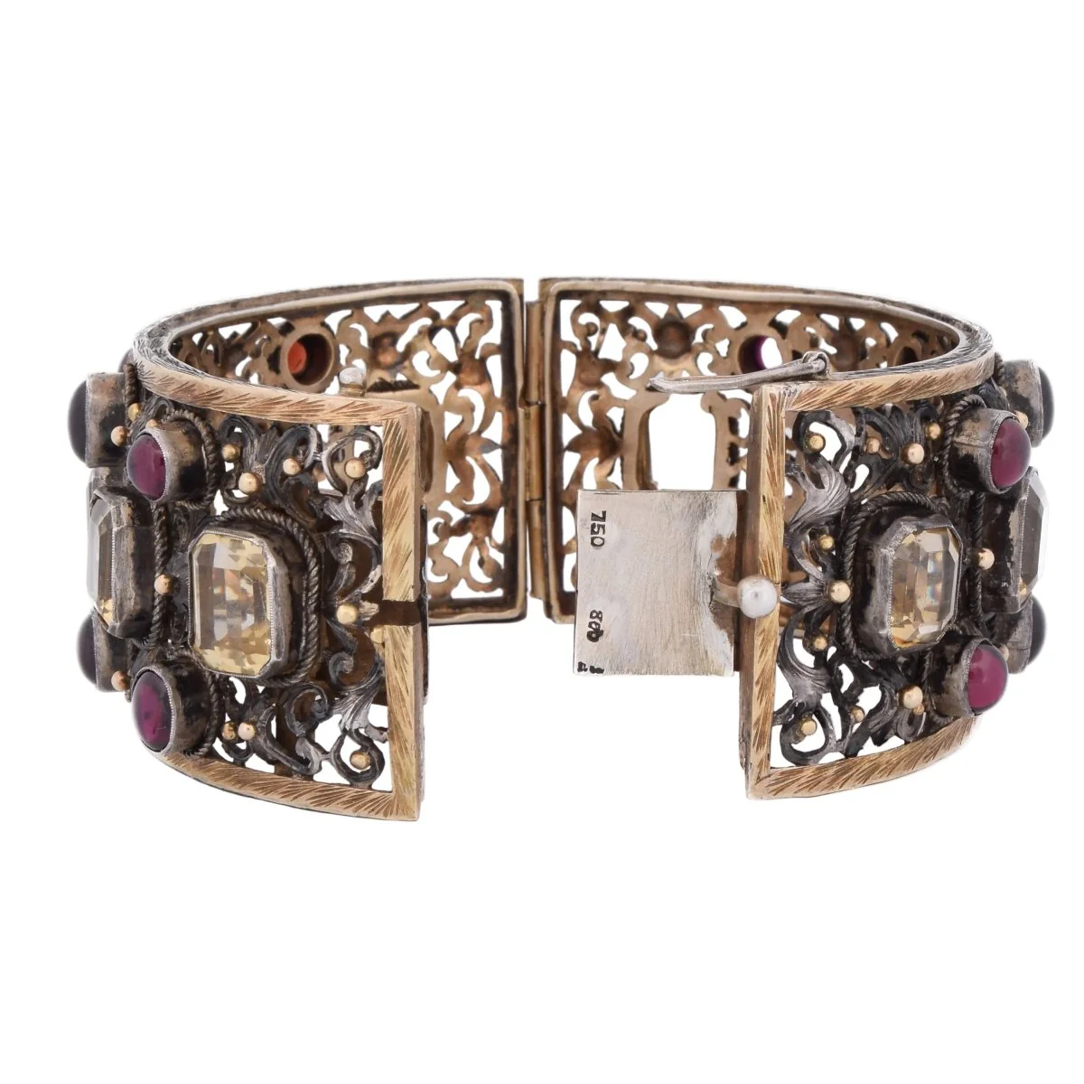 Bracelet Manchette en or jaune, argent, béryls et grenats - Image 3