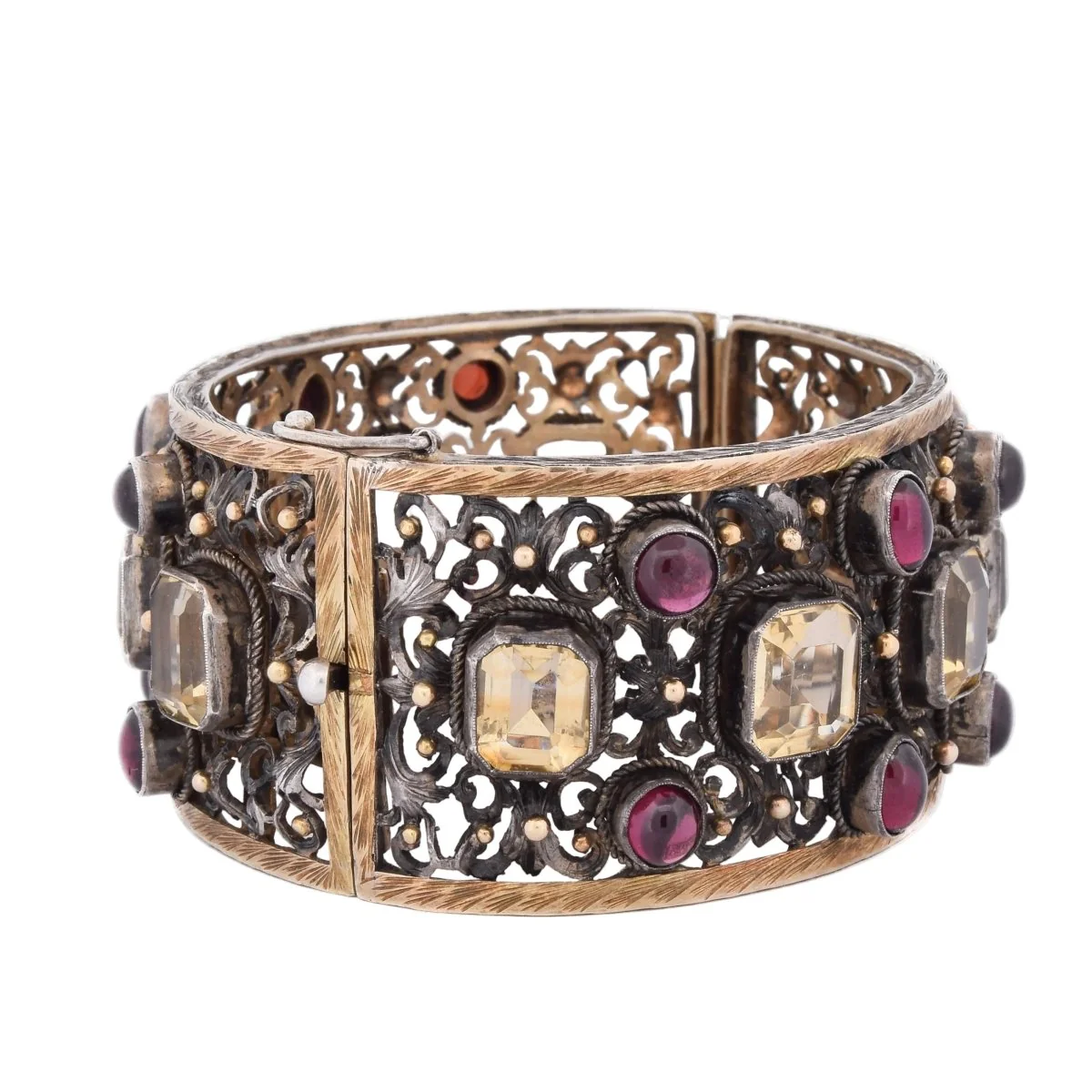 Bracelet Manchette en or jaune, argent, béryls et grenats - Image 4