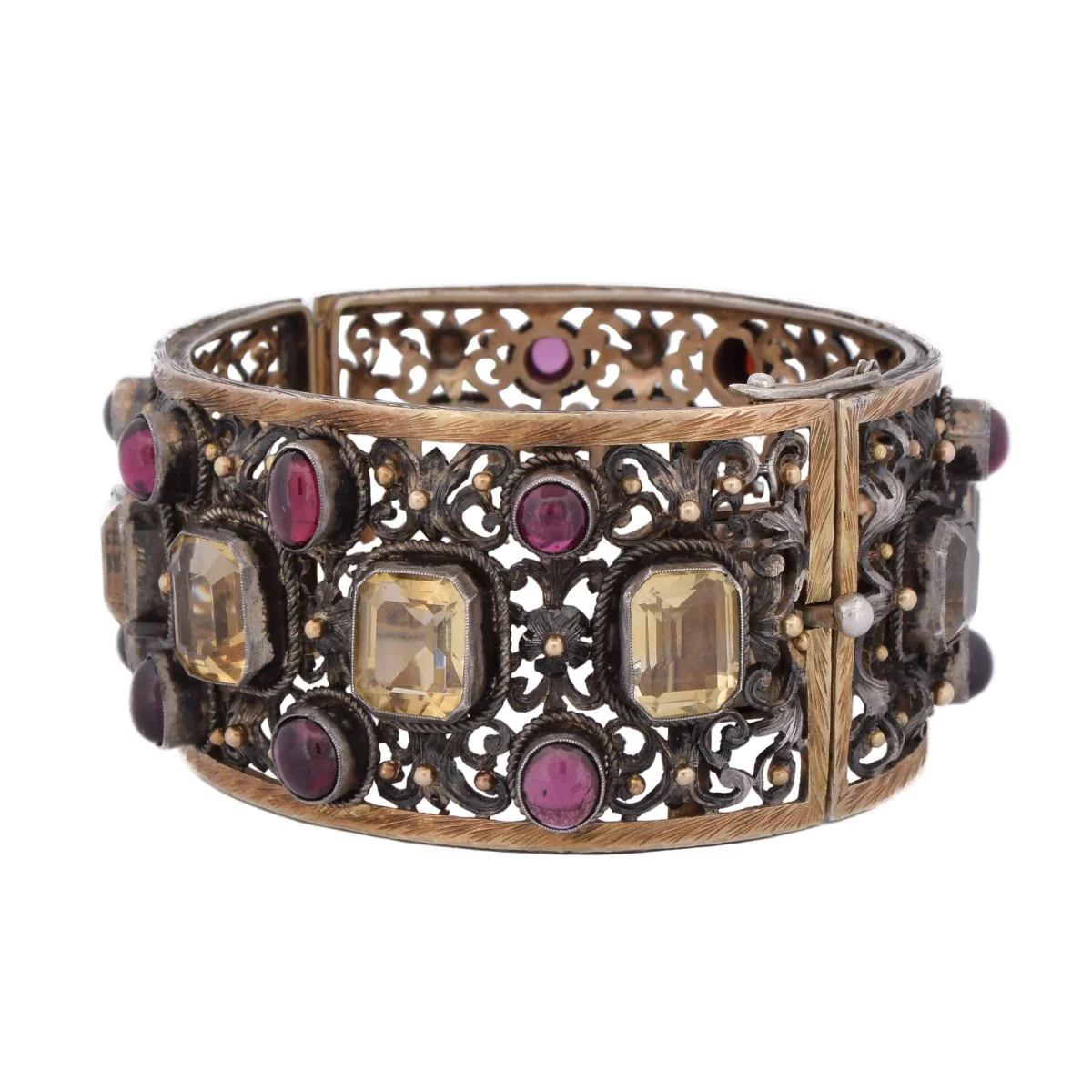 Bracelet Manchette en or jaune, argent, béryls et grenats - Image 5