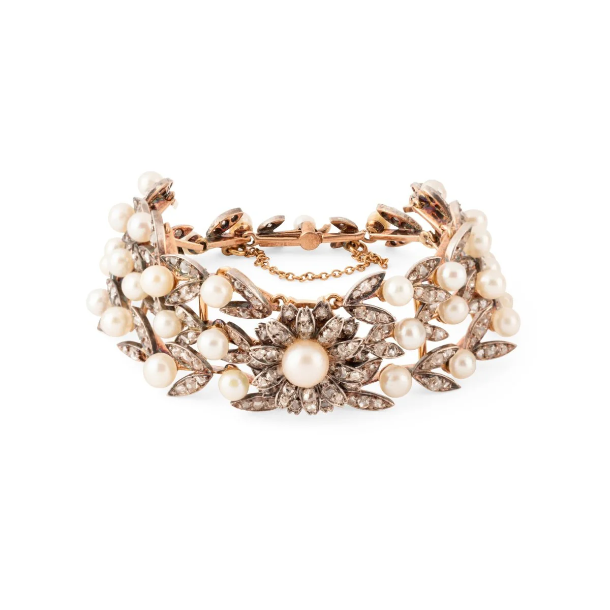Bracelet Manchette Fleur en or jaune, perles et diamants
