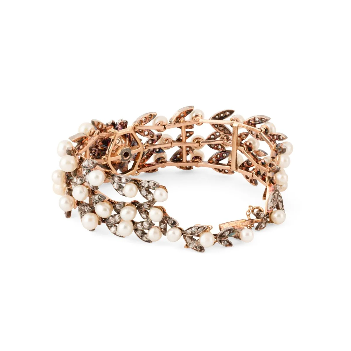 Bracelet Manchette Fleur en or jaune, perles et diamants - Image 3