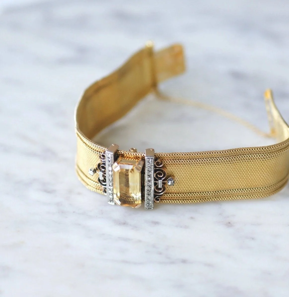 Bracelet manchette maille milanaise, diamants et citrine - Image 2