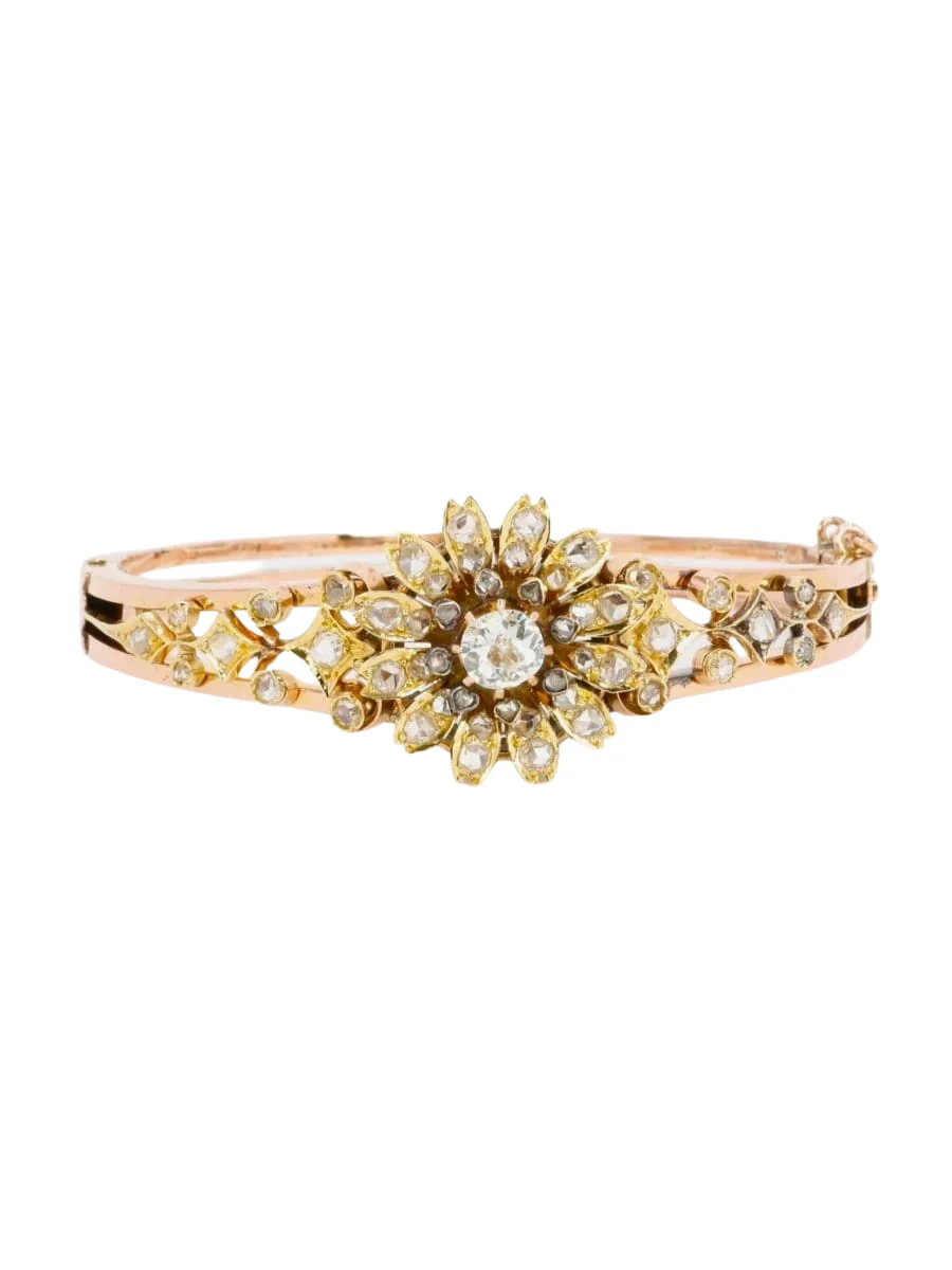 Bracelet Napoléon III fleur mobile or rose diamants taille ancienne