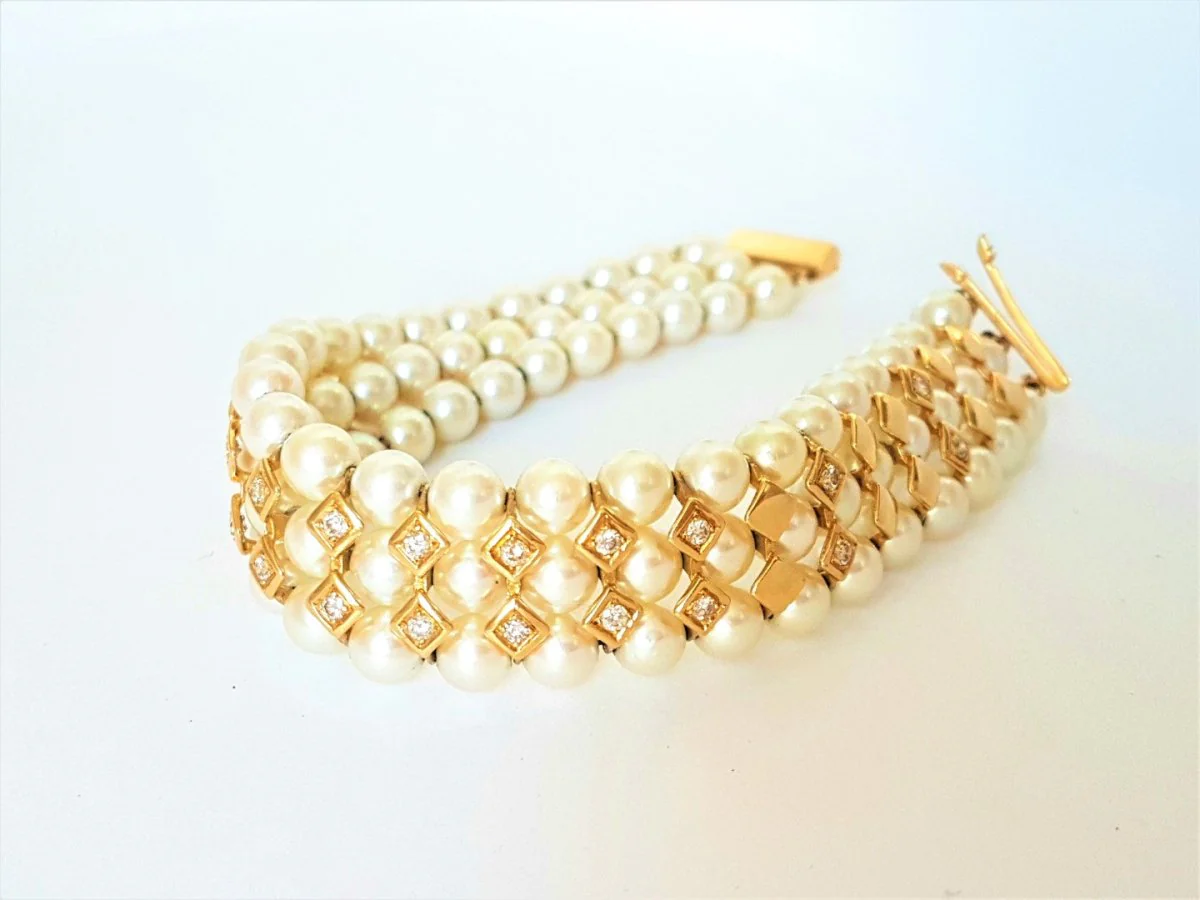 Bracelet en or jaune, perles et diamants - Image 10