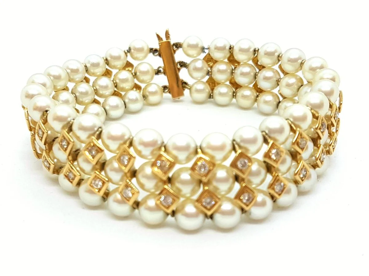 Bracelet en or jaune, perles et diamants - Image 9