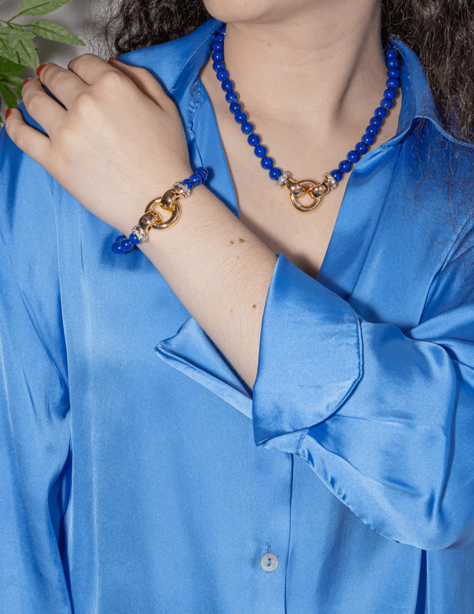 Bracelet Souple en or jaune, or blanc, lapis-lazuli et diamants - Image 8