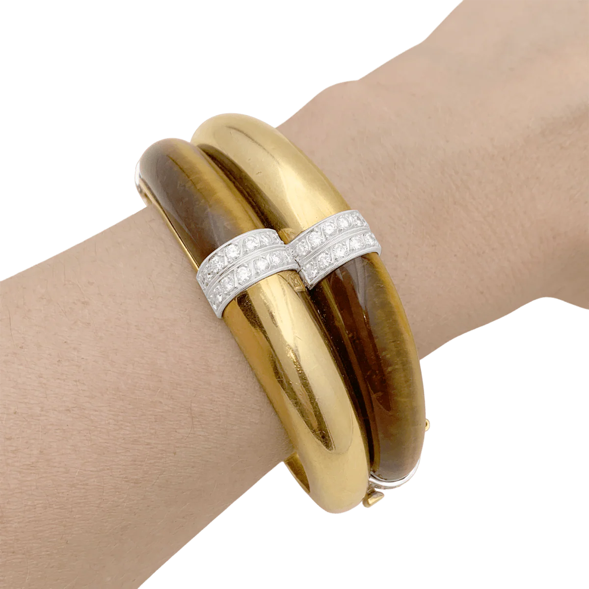 Bracelet Jonc en or jaune, or blanc, oeil de tigre et diamants - Image 2