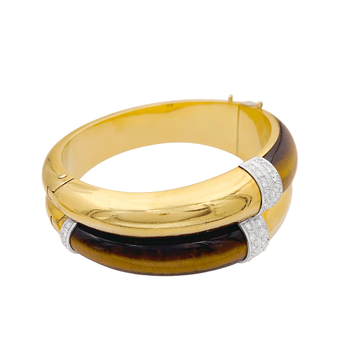 Bracelet Jonc en or jaune, or blanc, oeil de tigre et diamants - Image 3