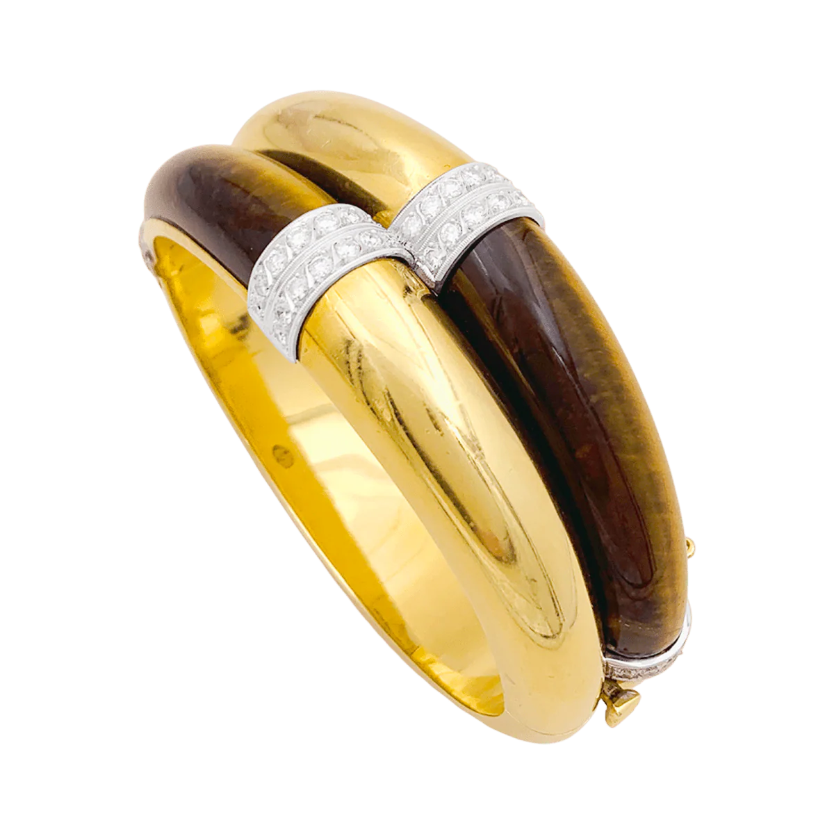 Bracelet Jonc en or jaune, or blanc, oeil de tigre et diamants - Image 4