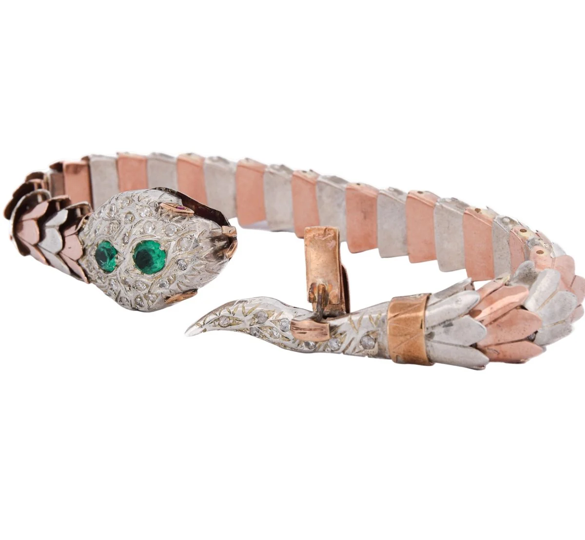 Bracelet Souple en or rose, argent, émeraudes et diamants