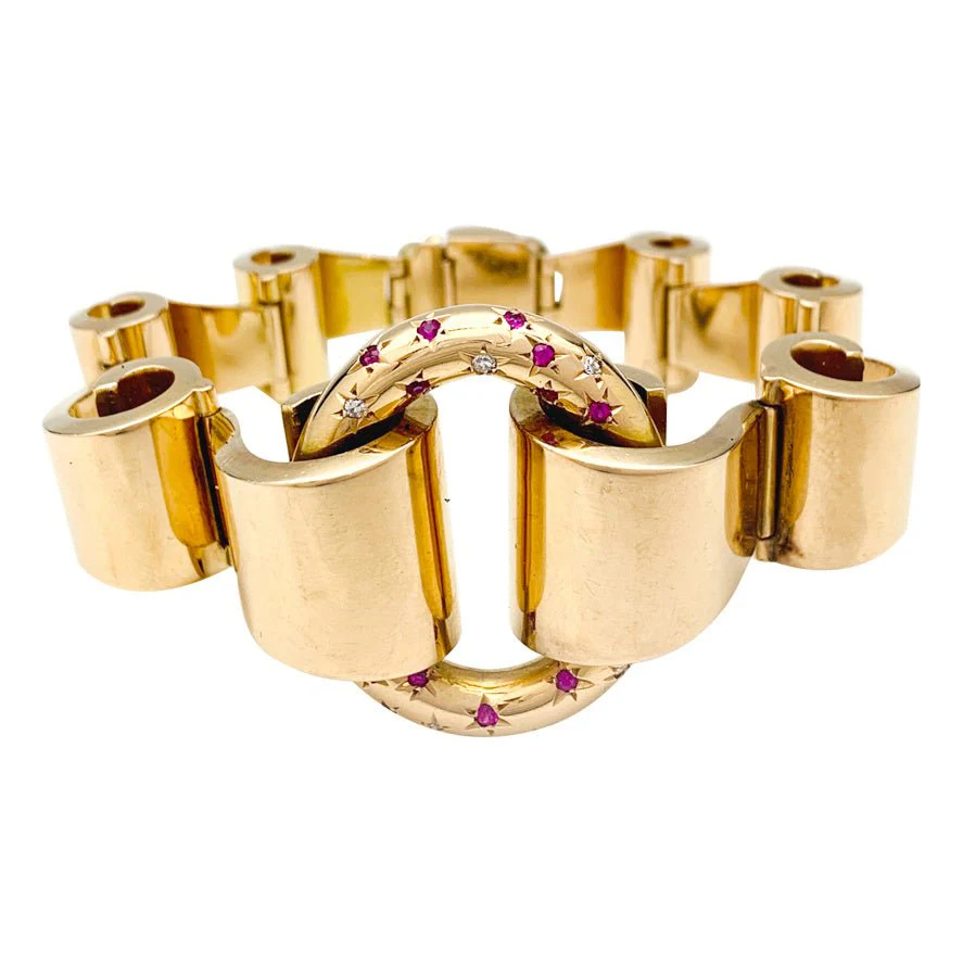 Bracelet Tank en or rose, diamants et pierres rouges