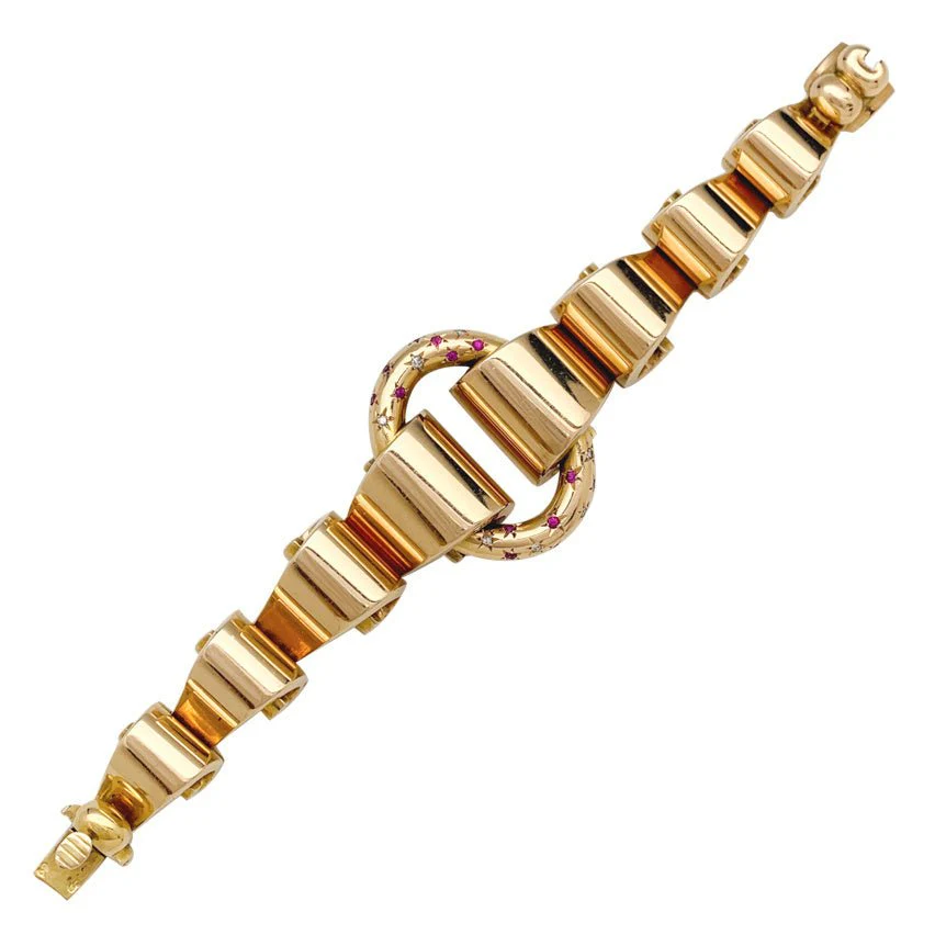 Bracelet Tank en or rose, diamants et pierres rouges - Image 8