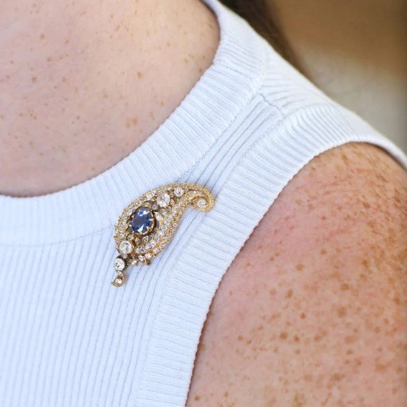 Broche motif cachemire diamants et saphir - Image 5