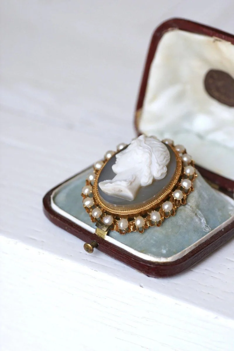 Broche camée agate et perles fines - Image 3