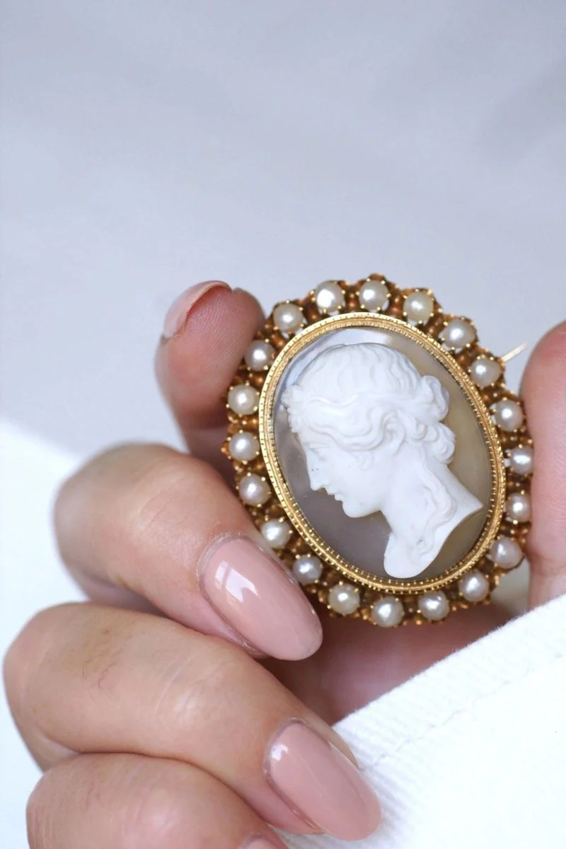 Broche camée agate et perles fines - Image 4
