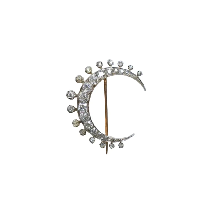 Broche Épingle Croissant de lune en or rose, argent et diamants
