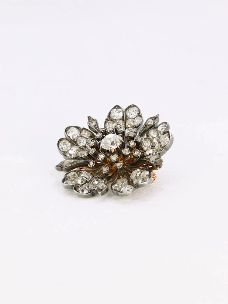 Broche ancienne fleur or argent diamants taille ancienne - Image 3