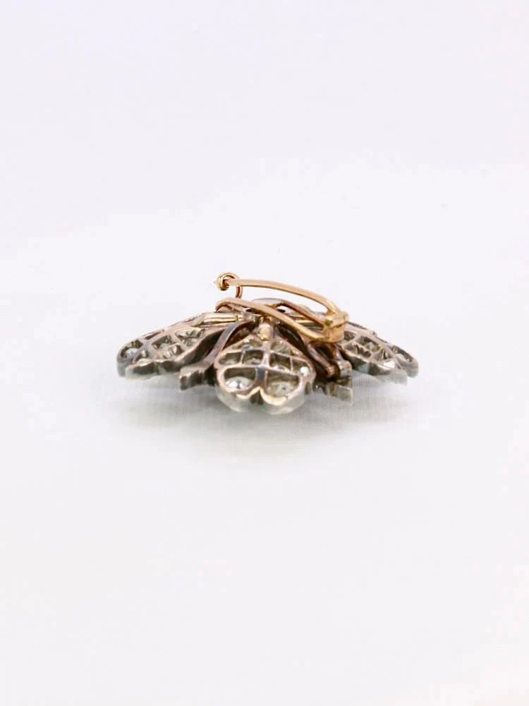 Broche ancienne fleur or argent diamants taille ancienne - Image 4